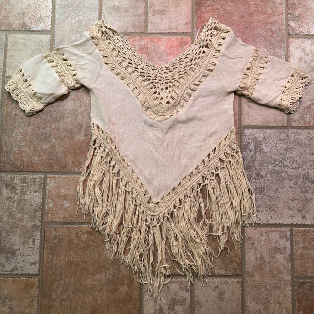Boho Fringe Short Sleeve Top - Cream